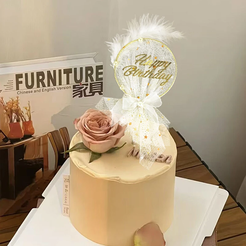 

Happy Birthday Cake Topper White Feather Cake Top Decoration Birthday Wedding Party Decor Baby Shower Dessert Accessories Tools