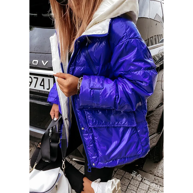 Winter New Women's Bright Hooded Color Contrast Cotton Coat Top