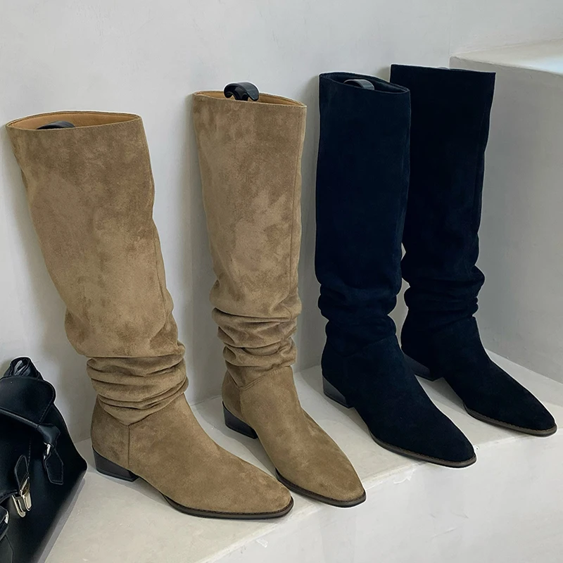 

Женские повседневные высокие сапоги, элегантные сапоги до колена с острым носком, без застежки, на низком каблуке, весна-осень 2022