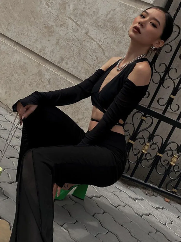 Сексуальные черные укороченные топы уличная женская мода 2024 футболки с длинными