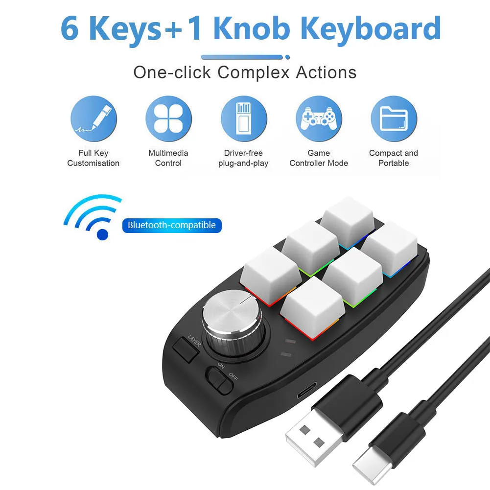 

RGB клавиатура для макросъемки, 6 клавиш + 1 ручка регулировки громкости, проводная/Беспроводная игровая клавиатура, механический красный пер...