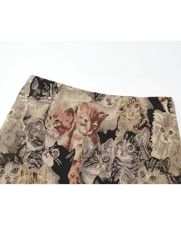 2022 Autumn Women Short Skirts Chic Cat Fashion Printing Mini A-Line Dress Korean Loose High Waist Zipper Denim Vintage Skirts