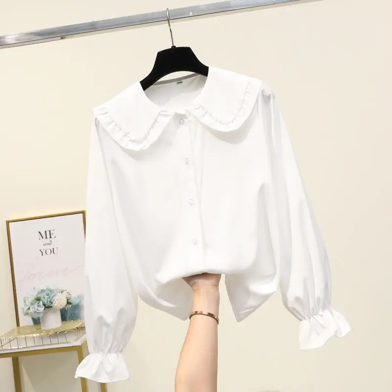 Новинка весна-осень черная рубашка с кукольным воротником топы однотонная