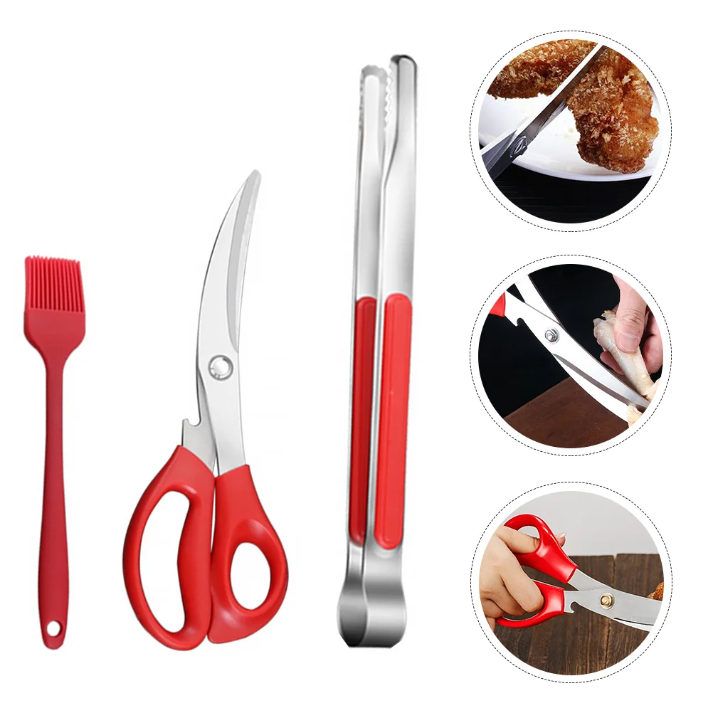 

3 Stainless Grilling Clip Barbecue Scissor Brush Accessories (Red)