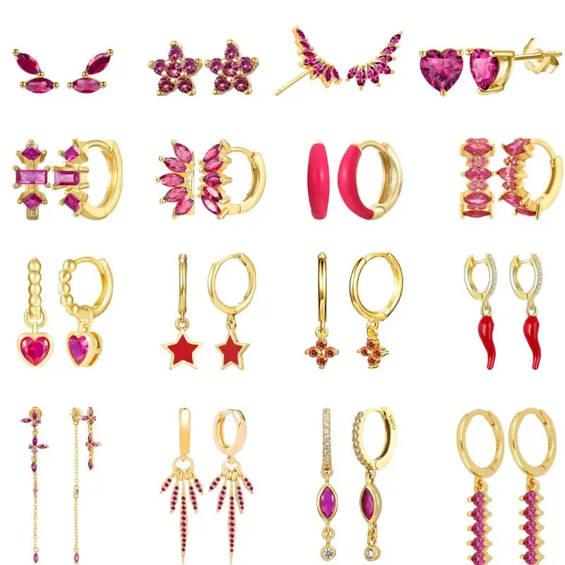 Женские серьги-кольца из серебра 925 пробы с красными кристаллами