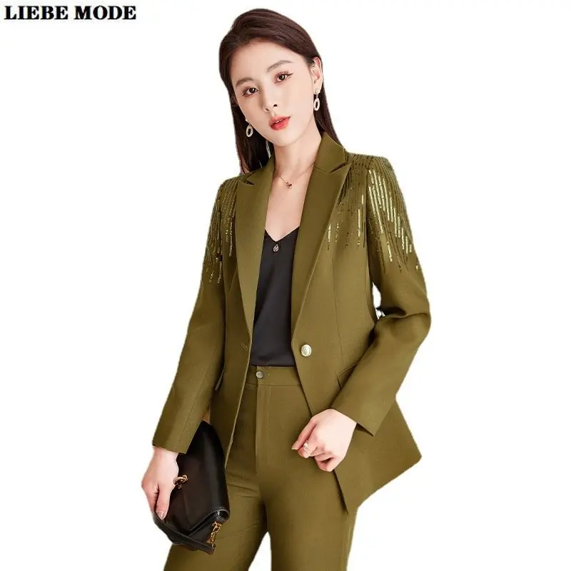 Pants Suit for Women Green Khaki Black Fashion Elegant Two Piece Set Office Lady Formal Business Casual Blazer Trousers Outfits