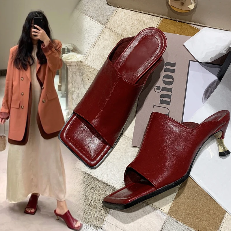 

Thin Heels Shoes Woman 2022 Shallow Square Toe Heeled Mules Slippers Casual Pantofle High Luxury Summer New Basic Strange Style