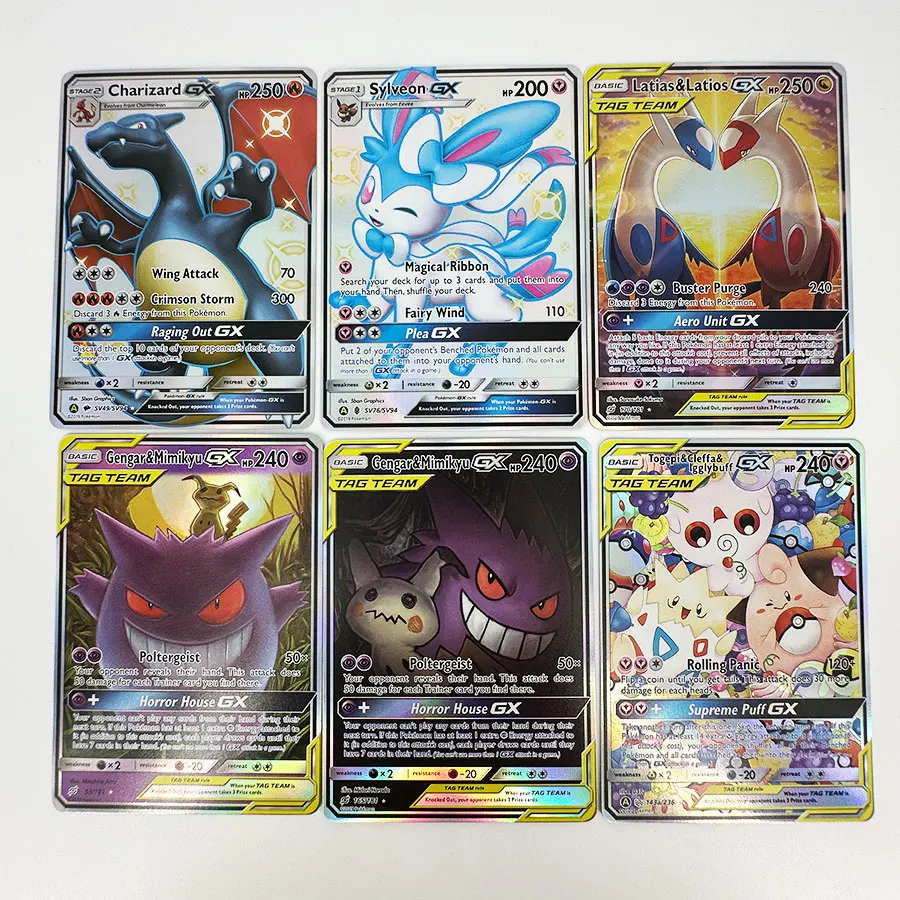 Фото Коллекция голографических карт Togepi, Cleffa, Igglybuff, Latias, Latios, Gengar, Mimikyu, Charizard, Sylveon GX Proxy Cards TAG TEAM & Shiny Vault №1