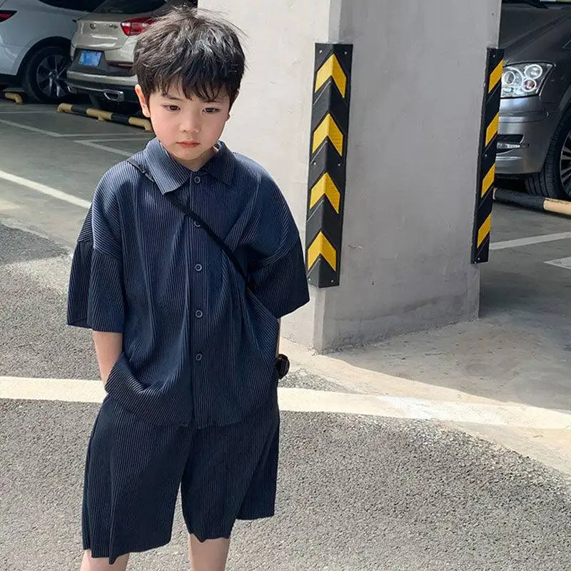 

2023 Korea Teenagers Boy Kid Ribbed Loose Clothes Set Shirt+Shorts 2PCS Summer Child Clothing Set Casual Short Sleeve Baby Sets