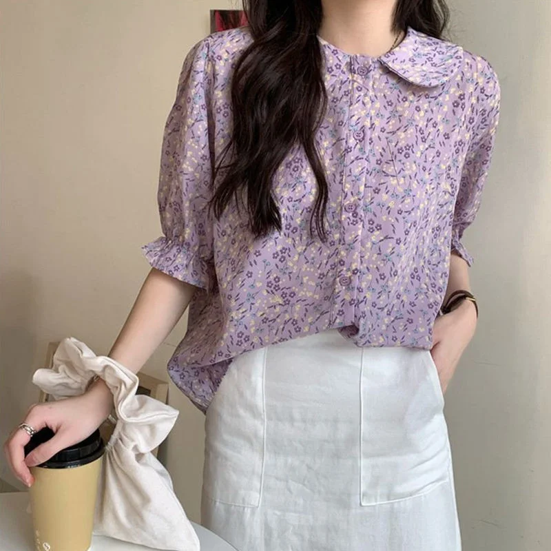 Chiffon Shirt Doll Collar Floral Printed Short-Sleeved Shirt Elegant Female Casual Loose Blouses Korean Sweet Summer Streetwear