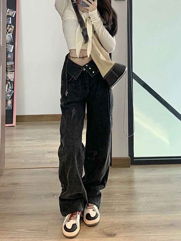 

Women Vintage Black Casual Jeans Thin High Waist Straight Wide Leg Pants Y2K Street Baggy Mopping Denim Trouser Ladies