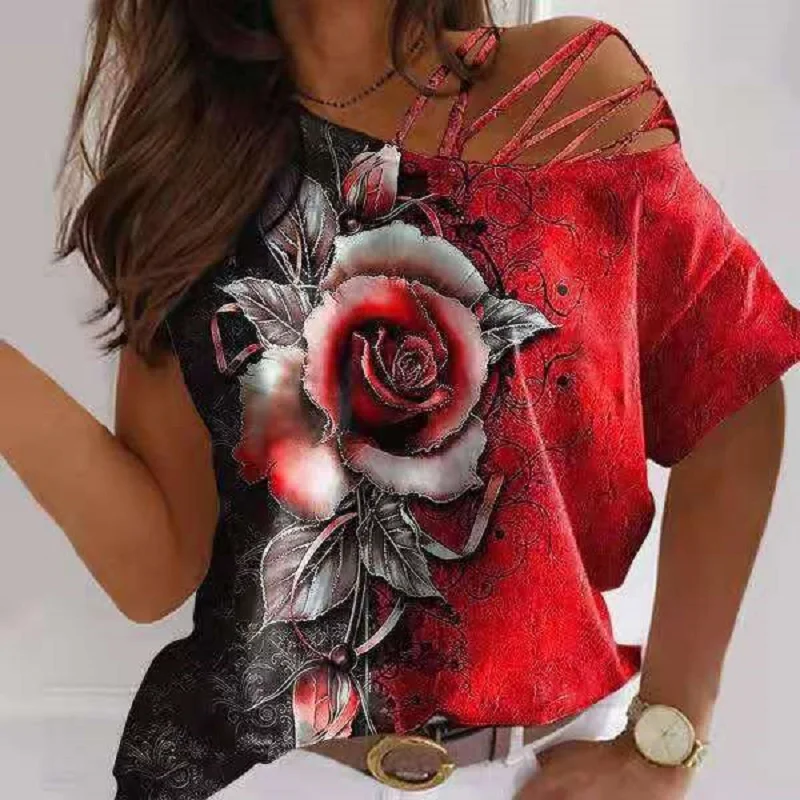 

2022 New Summer Loose Diagonal Collar Casual T-Shirt Rose Print Fashion Off-the-shoulder T-shirt for Women