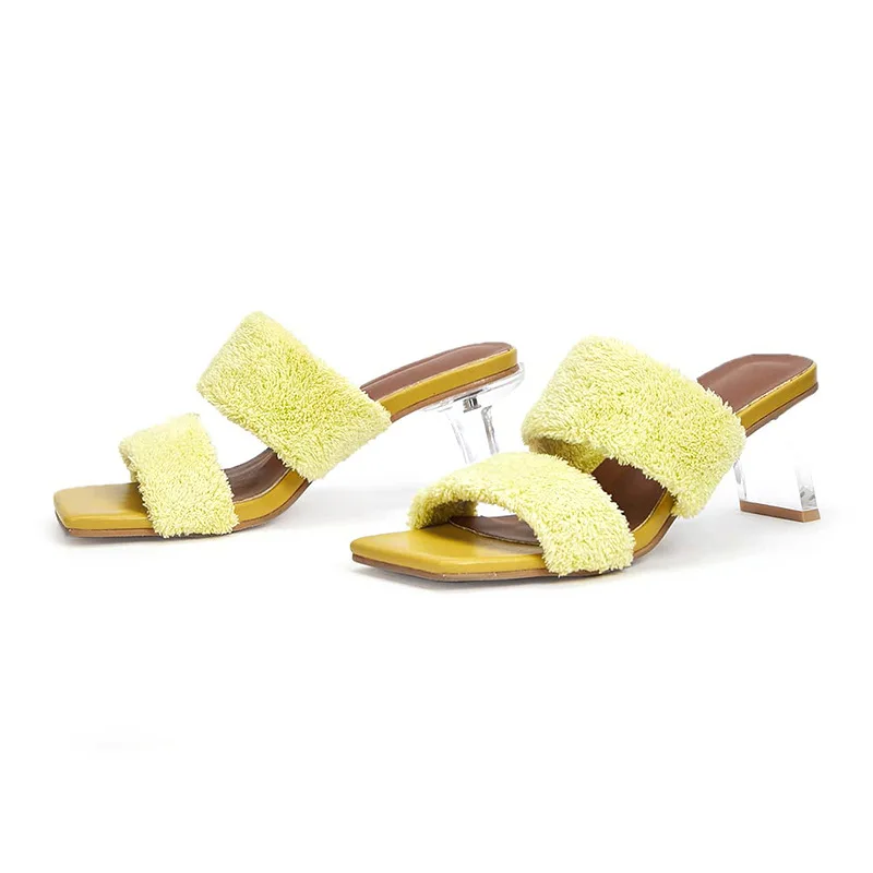 Fashion Slides Woman Shoes Sandals Slippers Crystal Heel Mid Heel Sandals Summer Soft Plush Comfortable Women's Slippers Slip On
