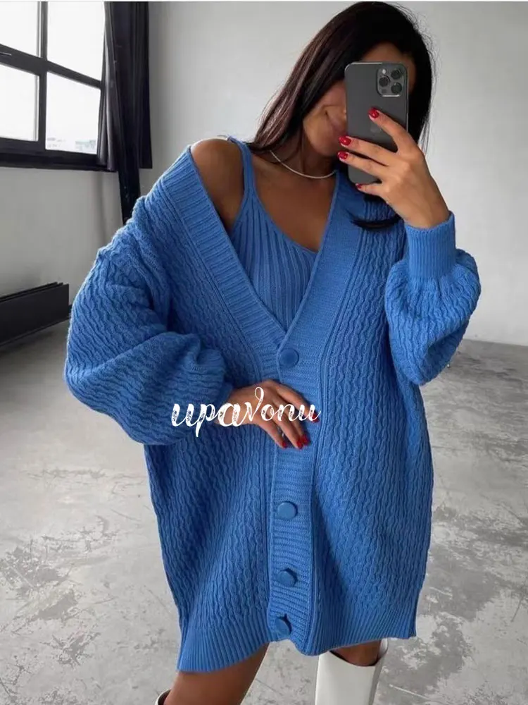 

Elegant Knit Dress Sets Women 2022 New V Neck Long Sleeve Single Breasted Loose Knit Cardigan Jacket & Sling Dress Two Piece Set