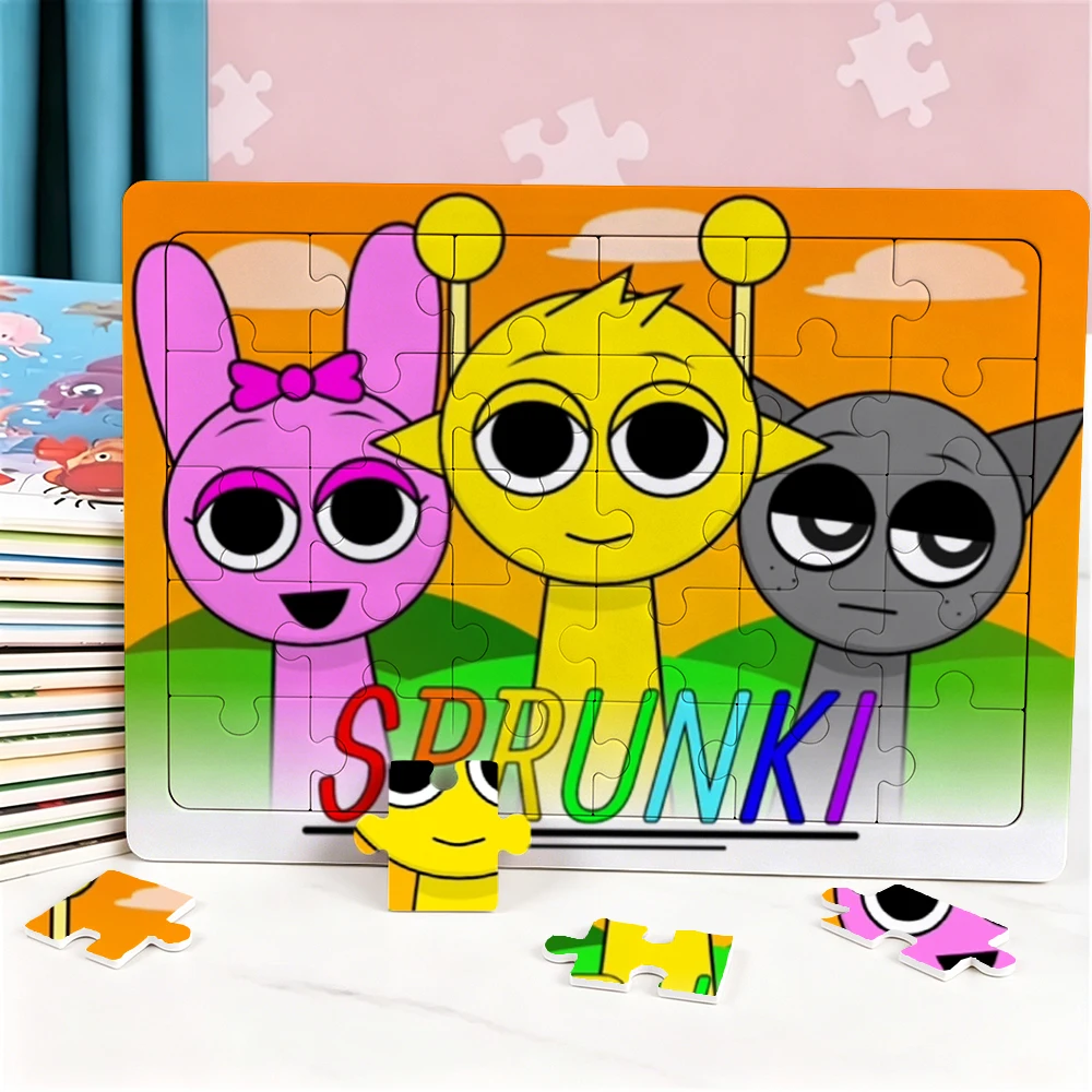 Фото Новый набор Sprunki: 30-детальный мультяшный пазл-головоломка, развивающая игрушка для детей 3-6 лет, милые пазлы, подарок на день рождения №5