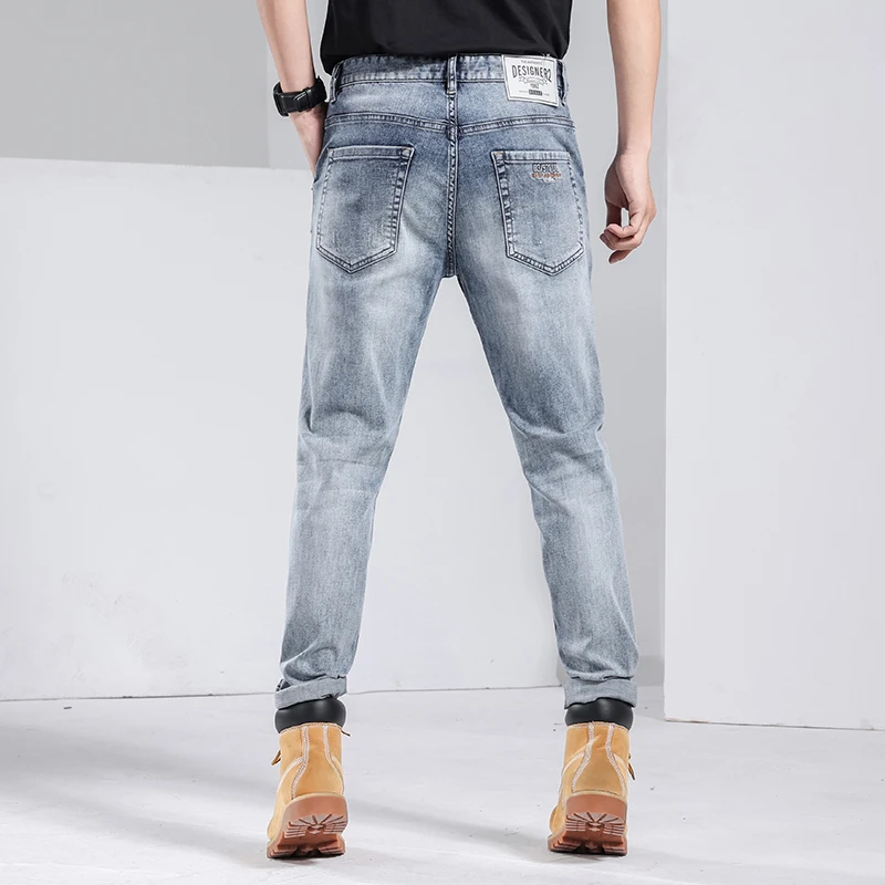 2022 New Men's Retro Light Blue Jeans Business Casual Stretch Straight Denim Pants Male Mid-waist Trousers Drop Shipping