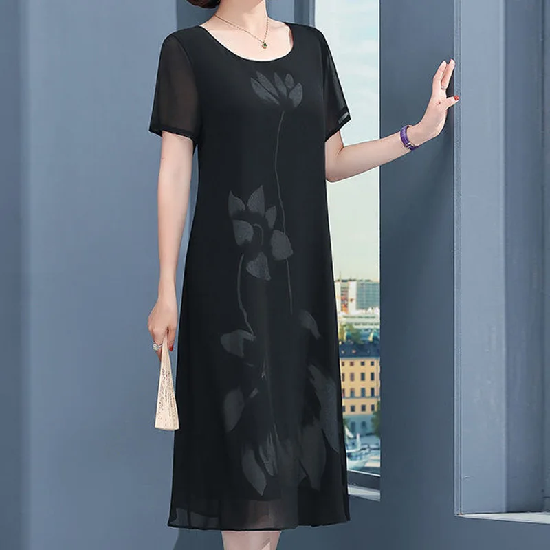

Vintage Chiffon Loose Ladies Dresses Summer New Round Neck Short Sleeve Solid Color Midi Dress Fashion Elegant Women Clothing