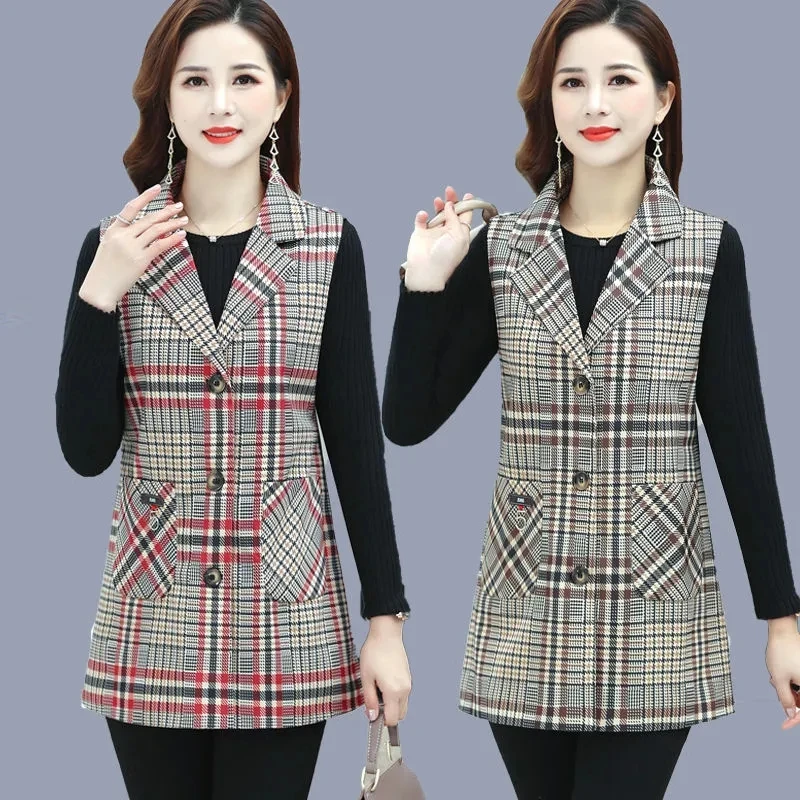 

Fashion Plaid Jacket NEW Spring Autumn Women Vest Middle-Aged Elderly Mom Vest Coat Sleeveless Casual Waistcoat Jacket Tops 5XL