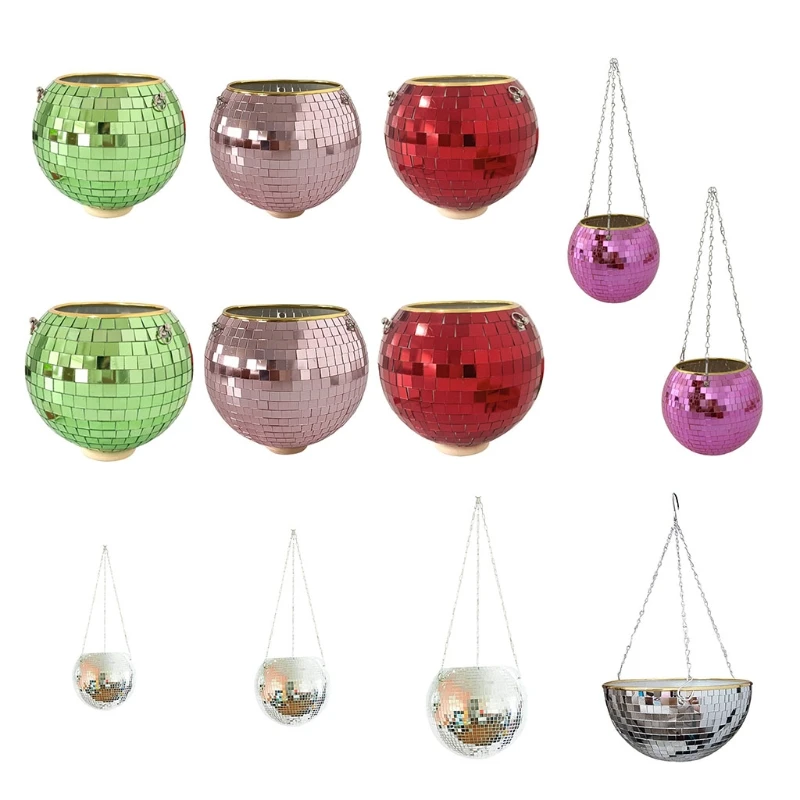 

50LB Mirror Disco Ball Hanging Planter Basket Bohemian Style Indoor Shining Flower Pot Modern Window Wall Plants Holder Vase