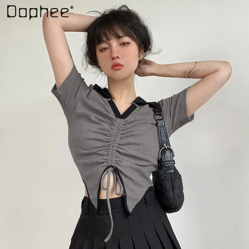 

Hot Girl Exposed Navel Contrast Color Short Top for Female Niche Chic Pleated Tie Slimming Short Sleeve T-shirt for Ladies