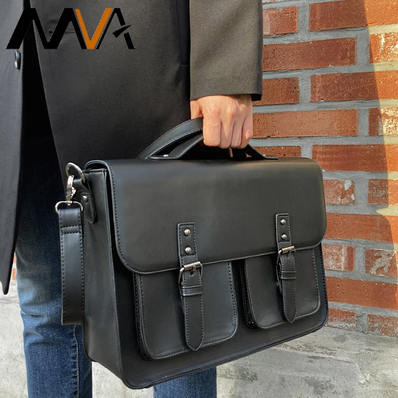 MVA Business Men's British Korean Briefcase Designer PU Leather Tote Bag Men's Shoulder Laptop Bags Black Travel Messenger Bag