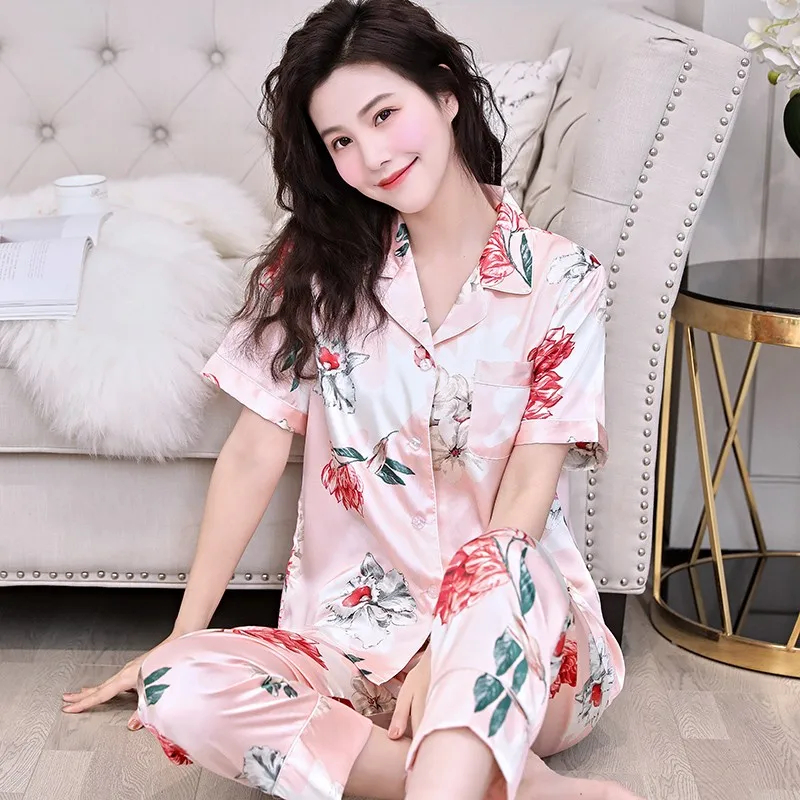 Ice Silk Pajamas Women's Summer Short Sleeved Trousers Poplin Thin Suit Cardigan Spring And Autumn Sexy Home Clothes Pajama Suit