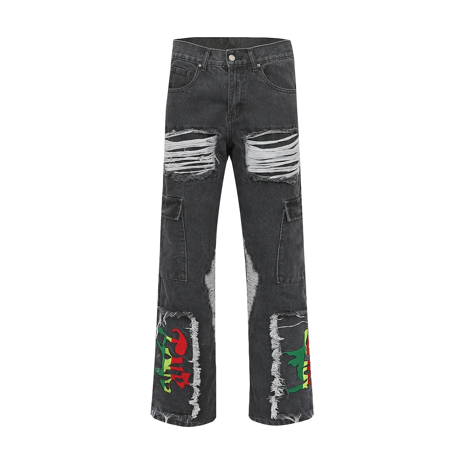 

Vintage Embroidery Cargo Micro Flare Jeans Edge Frayed Patchwork Pleated Wide Jean Hip Hop Destroyed Washed Denim Trousers