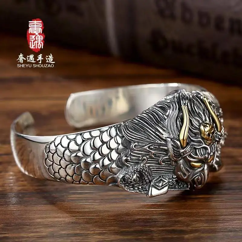 Golden Cudgel bracelet male sterling silver 999 strong Retro Opening  Bracelet Xiangyun Silver