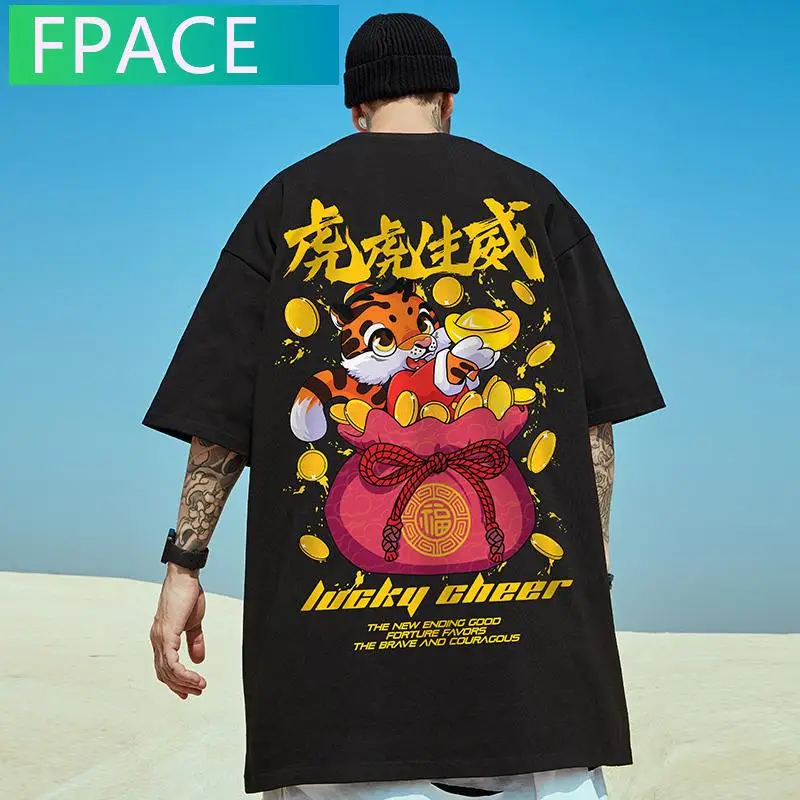 

FPACE 2022 Harajuku Men Tshirt Chinese Style Printed Unisex Tee Cool Cartoon Anime Casual T-shirt Fashion Streetwear Tops Men