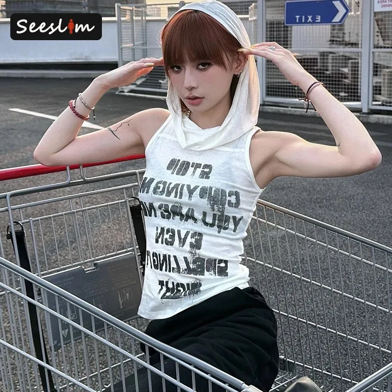 Seeslim Хип-хоп Белые топы на бретелях с капюшоном Женская одежда Уличная принтом