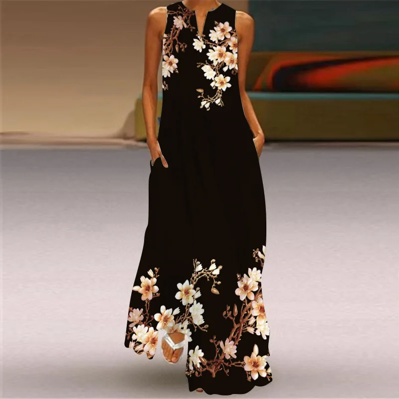 

2023 new summer women's sleeveless V-neck vintage printed dress long dress Europe and the United States cross-border foreign tra