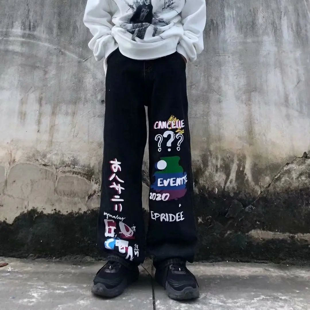 Hip-hop Graffiti Street Straight Wide Leg Jeans Men's Brand Clothing Loose High Street Casual Pants Fashionable Men's Clothing