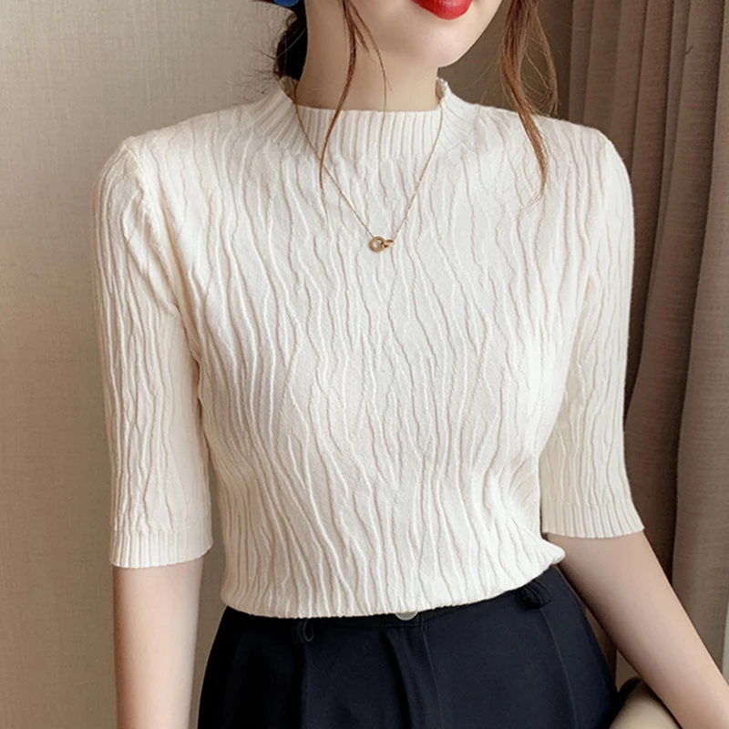 

Женский свитер с коротким рукавом, однотонный Повседневный облегающий пуловер в Корейском стиле, трикотажная одежда, весна-лето 2023