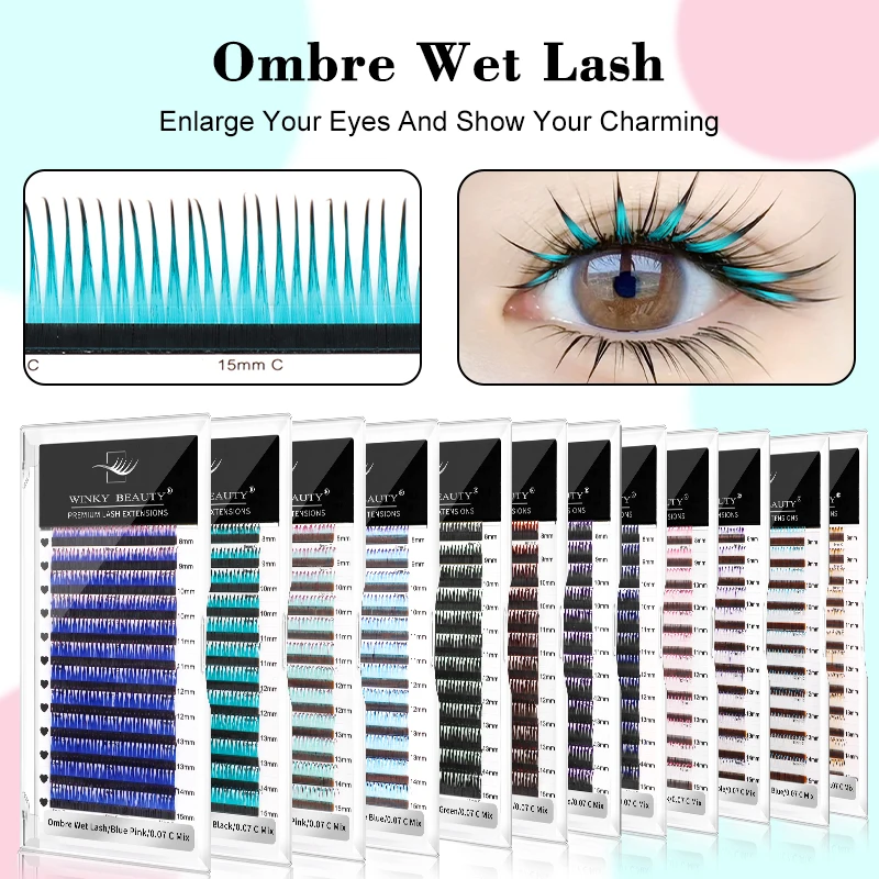 Фото Winky beauty, новый дизайн, цвет омбре, наращивание влажных ресниц, 0,07 мм, 12 цветов, смешанные натуральные косплей, готовые мокрые ресницы №1