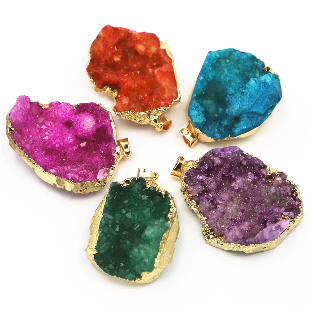 

Natural Stone Druzy Gold Irregular Agate Pendants Necklace Gilt Edge Plated Sliced Exquisite Charms DIY Jewelry Making Gift 5PCS