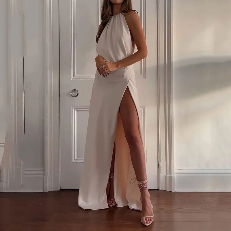 

Платье женское длинное однотонное с круглым вырезом, без рукавов