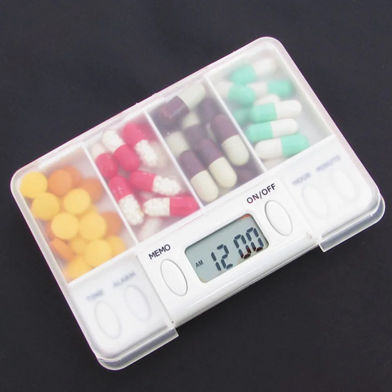 

Medicine Storage Box Electronic Timing Reminder Medicine Boxes Alarm Timer Pills Organizer Pill Drug Container 4 Grid Pill Box