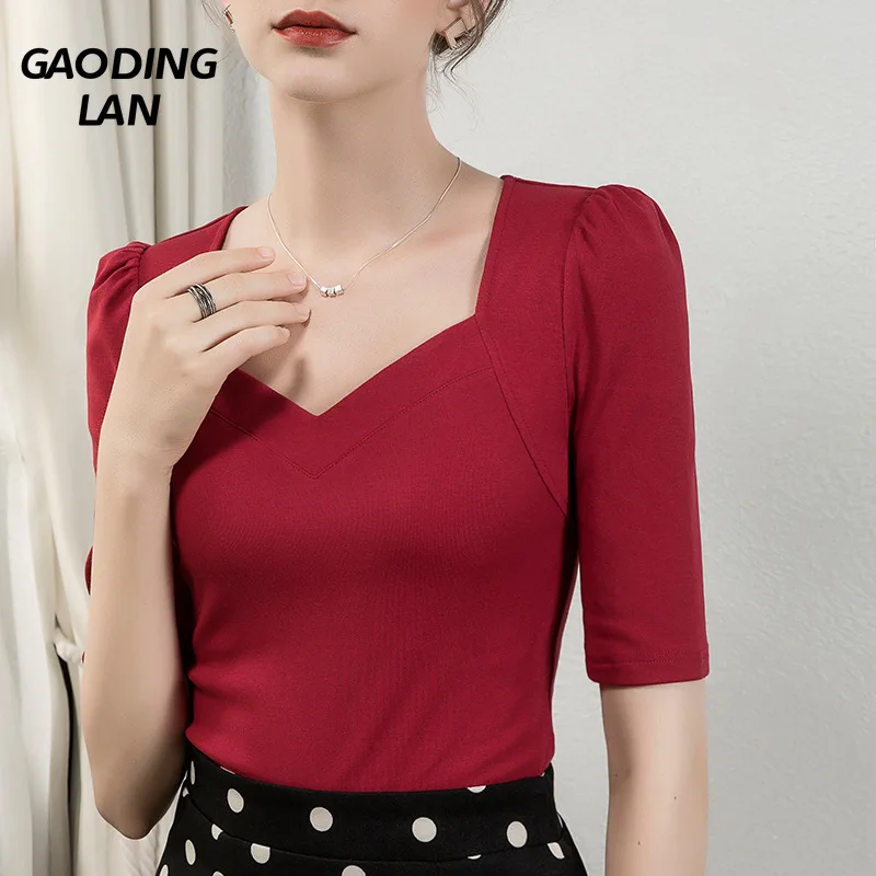 

Summer Women Square Collar Half Sleeve T-shirts Solid Color Sexy Slim Fit Grace Tops Female Large Size Cotton Bottom Tee Shirt