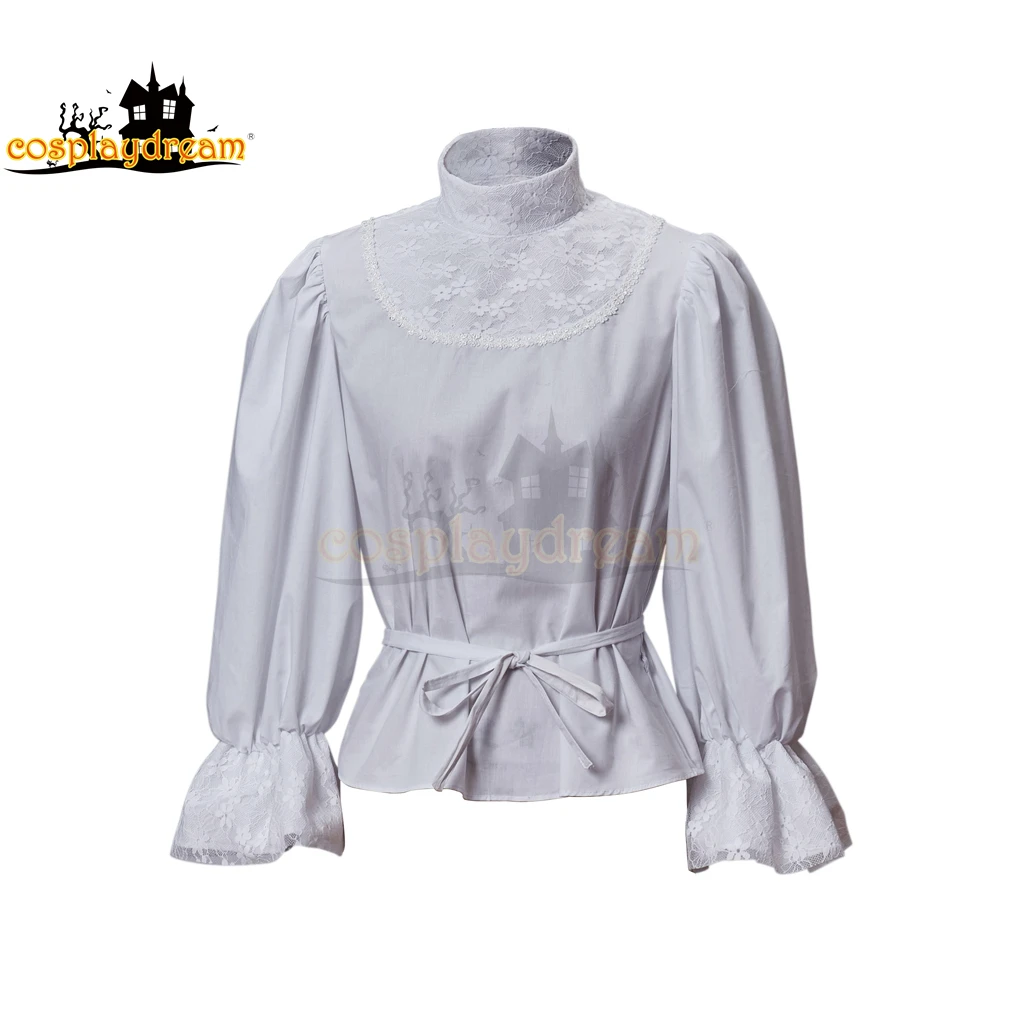 

Edwardian блузка женские Топы с длинным рукавом с оборками однотонная средневековая рубашка кружевная блузка с высоким воротником Топы