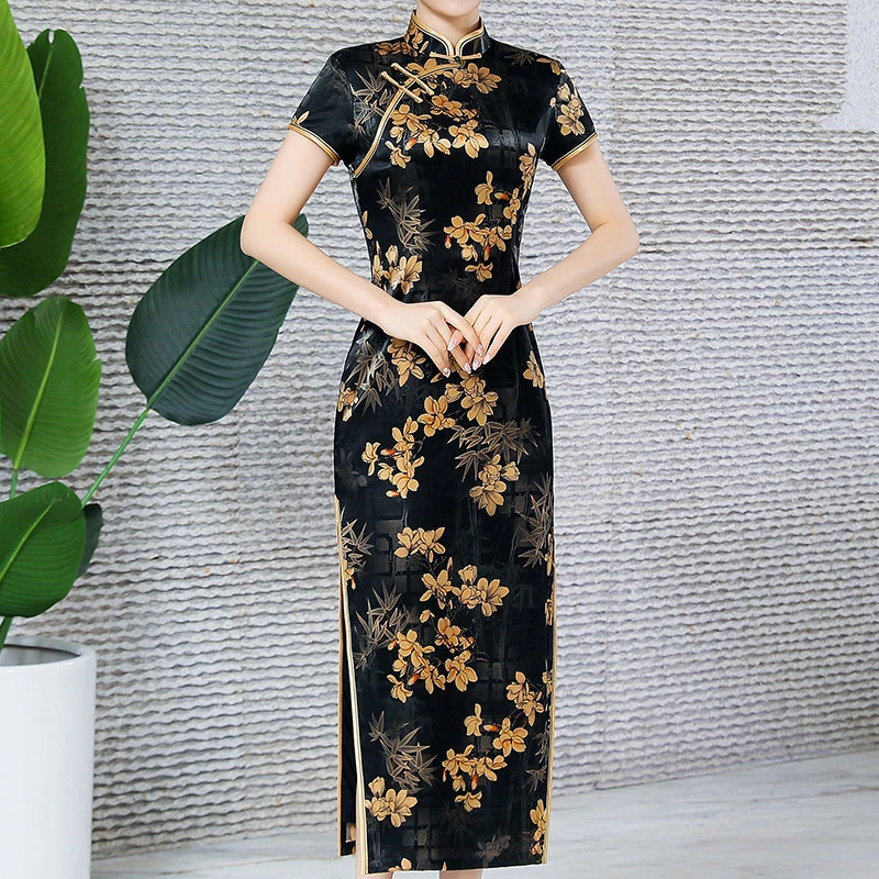 Vintage Button Qipao Side Split Chinese Style Orient Formal Party Gown Mandarin Collar Vestidos Print Flower Cheongsam
