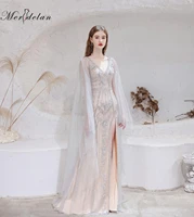 merdelan nude arabic evening prom dresses gowns luxury cape sleeves 2022 a line beaded sexy for women party