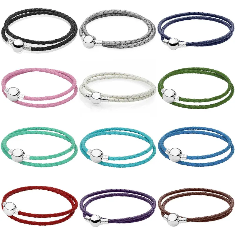 

Original Genuine Leather Ball Circular Clasp Snake Chain Bracelet Fit Fashion 925 Sterling Silver Bangle Bead Charm DIY Jewelry
