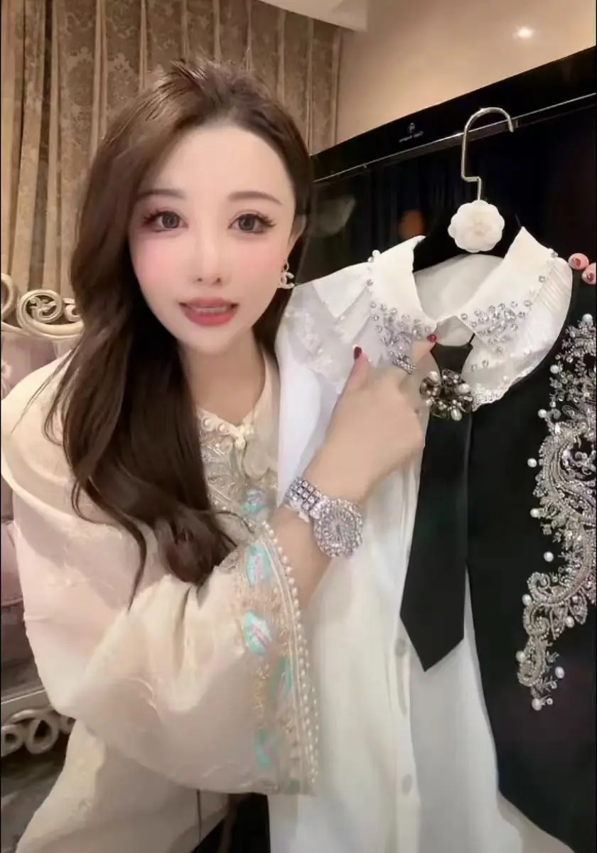 Новинка Осень 2024 белая рубашка со стразами и галстуком для женщин блузка в стиле