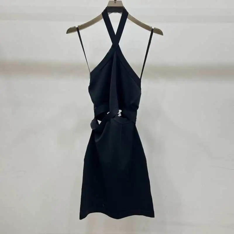 2023Vintage Women Cotton Black Hanging Neck Dress Fashion Runway Sexy Off Waist Backless Bag Hip Dress Girl High End Clothes