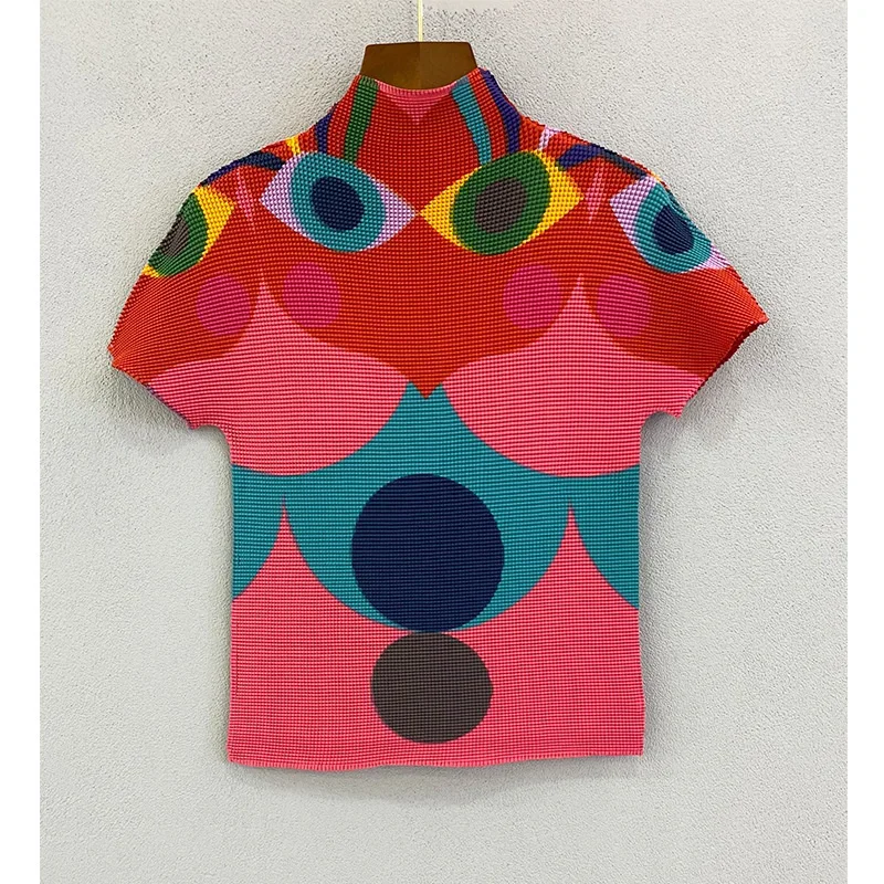

Оригинальная цветная плиссированная футболка Miyake, Женская водолазка с коротким рукавом, тонкие облегающие Модные топы, женская одежда, новинка 2023