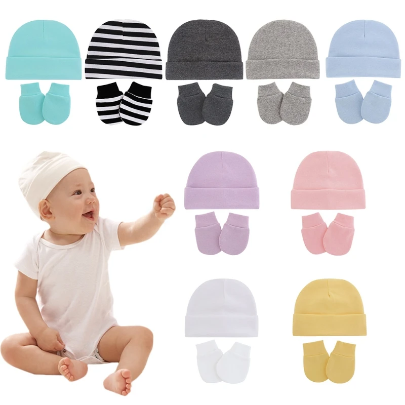 

2 Pcs 0-3 M Baby Anti Scratching Gloves Hat Set Soft Knitted Cotton Comfy No Scratch Mittens Cute Turban Beanie Cap gorra 아기겨울모자