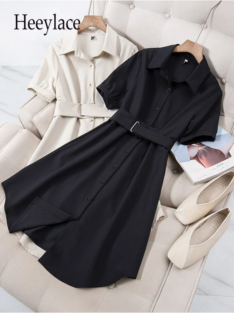 

Summer Mid-Calf Dress Women Fashion Temperament Office Lady Short Sleeve Turn-down Collar High Quality Dresses Women Clothing