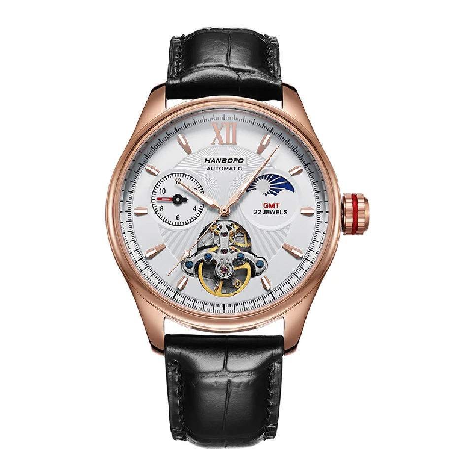 

HANBORO Automatic men Watches GMT Waterproof Male Mechanical Wristwatches Hollow Out Luminous Top Brand Luxury MAN WATCH