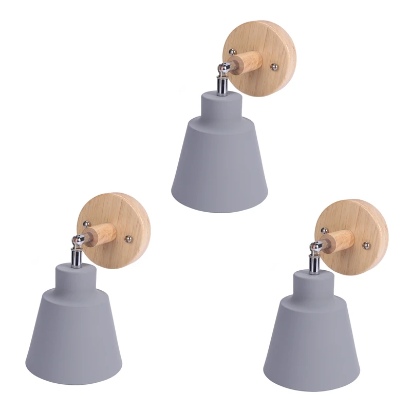 

3X Nordic Wooden Wall Lamp Bedside Wall Lamp Sconce Wall Light With Zip Switch Freely Rotatable(Grey)