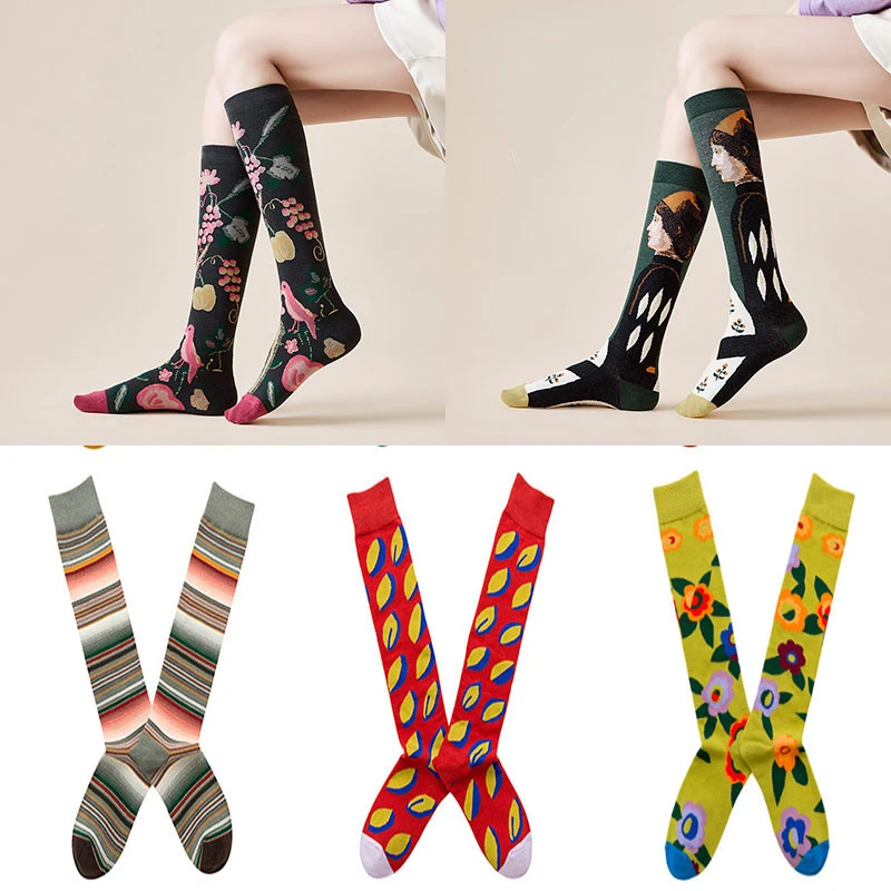 

Medium and high tube calf and knee socks French ins style retro illustration literary abstract street fashion cotton socks